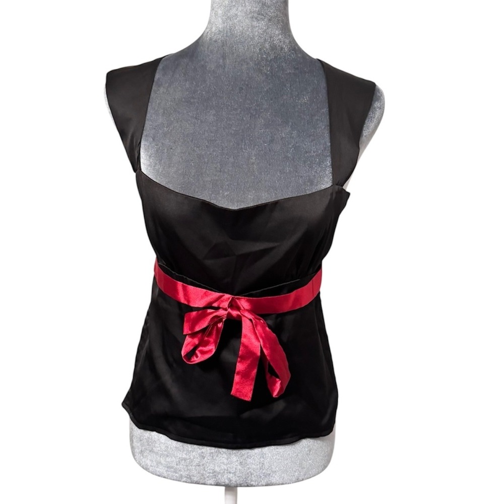 Enduring Kairos Womens Black Satin Casabella Top Red Ribbon Sash Open Back Small